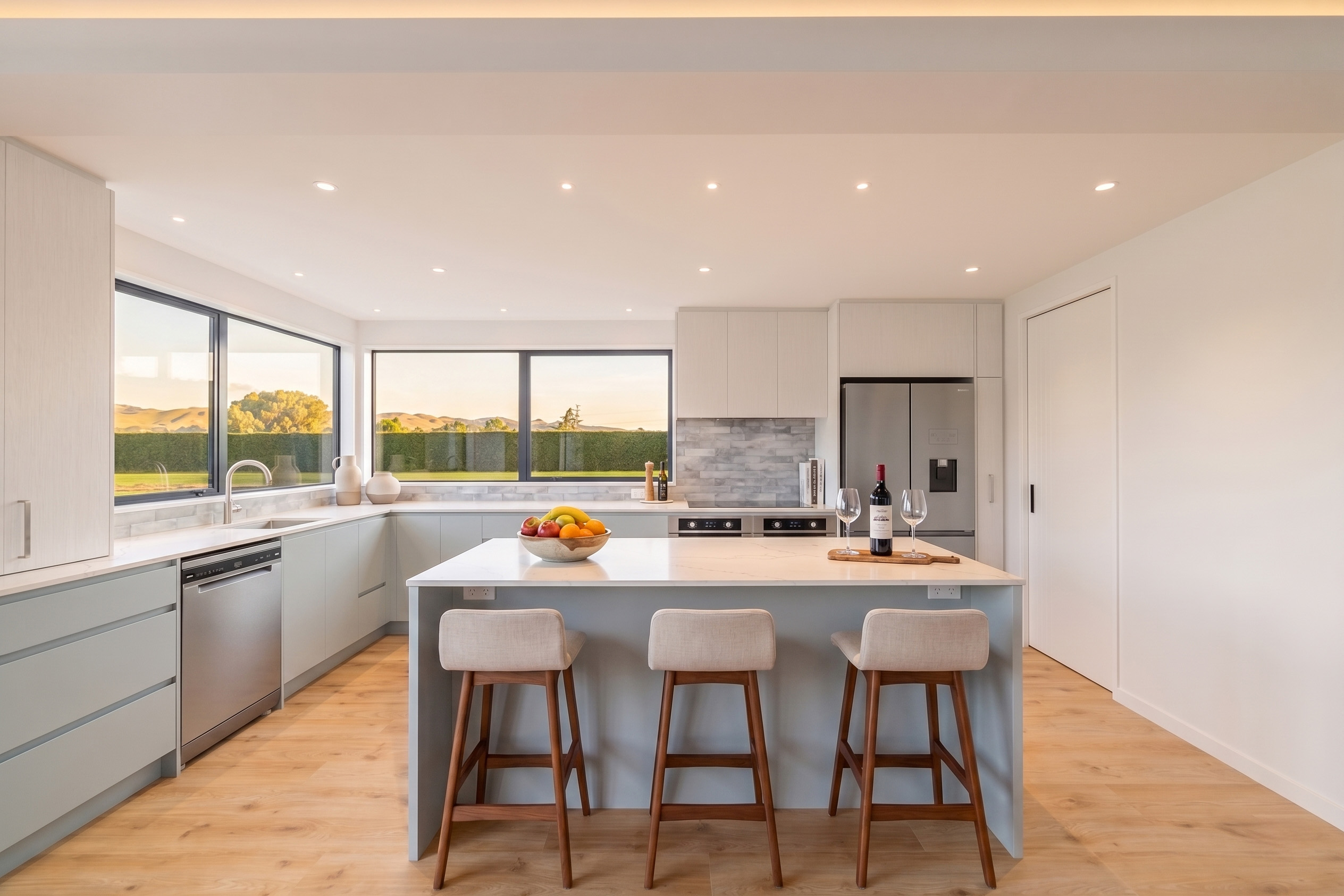Trices Road kitchen — sage cabinetry, marble island bench, and corner windows framing rural hill views