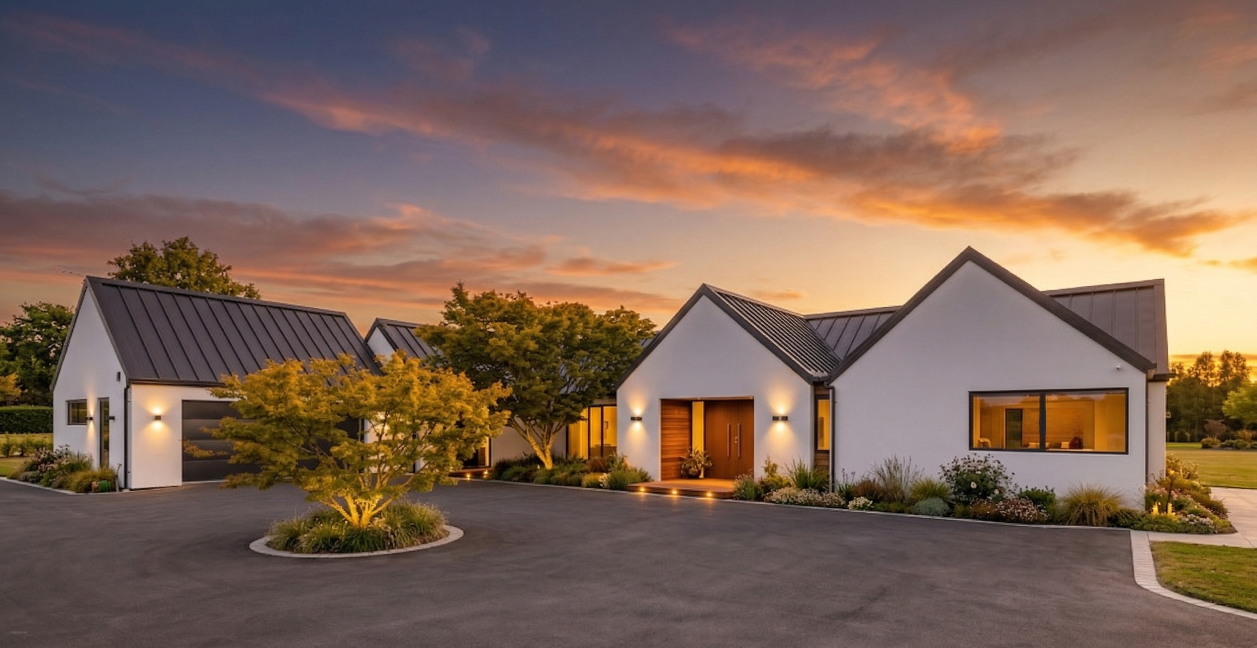 Burness Homes white gabled residence with landscaped driveway at golden hour
