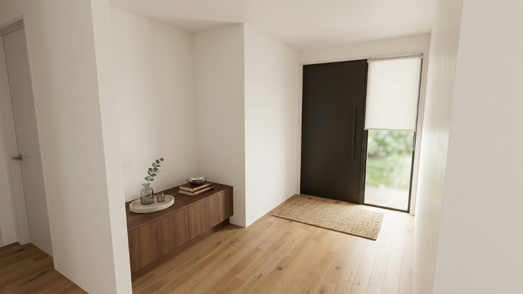Entranceway render — floating walnut-toned console, timber flooring, and glazed front door
