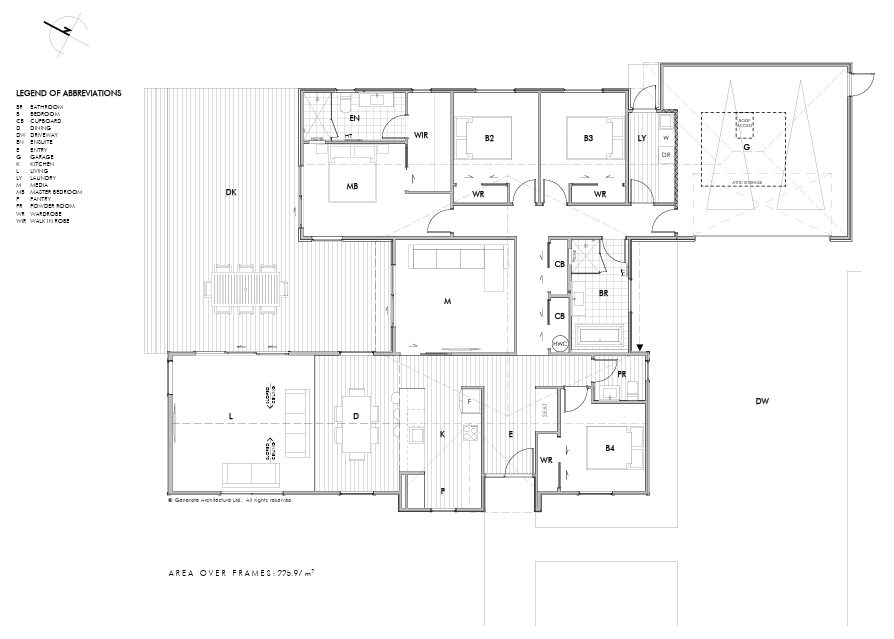 Architectural floor plan showing four bedrooms, two living spaces, kitchen, dining, deck, and double garage