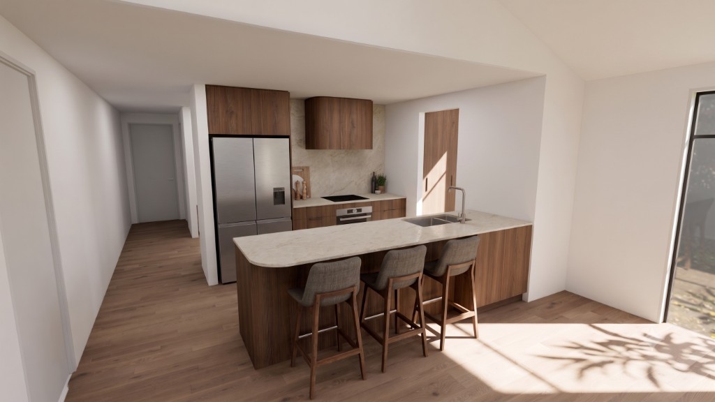 Kitchen render — stone-topped island, walnut-toned cabinetry, and freestanding fridge freezer