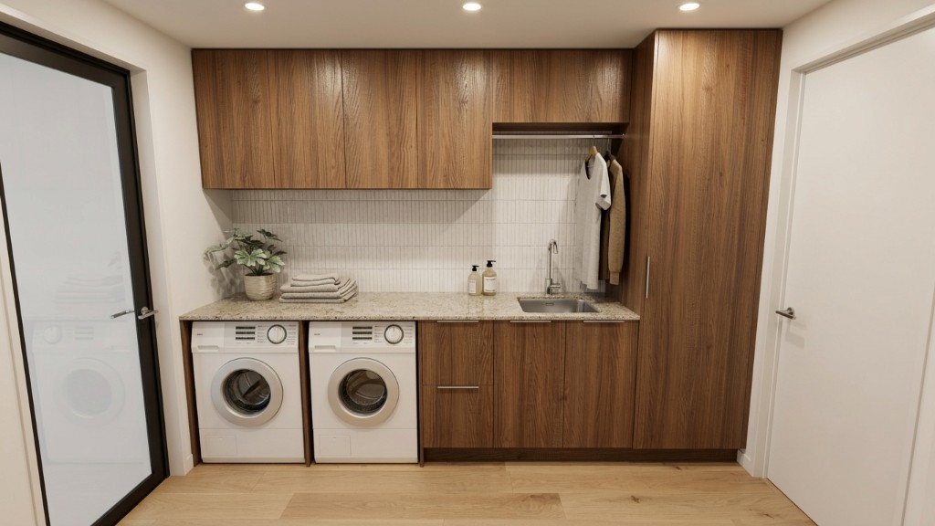 Laundry render with walnut-toned cabinetry, tiled splashback, and hanging space