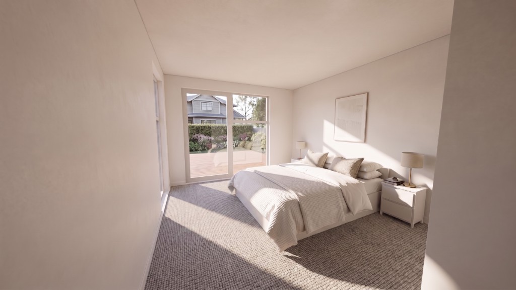 Master bedroom render with sliding doors out to the deck and garden