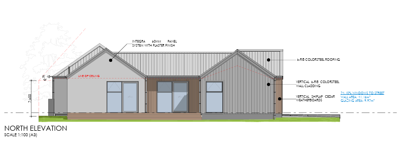 North elevation — Integra plaster panel and b-rib colorsteel cladding with cedar accent