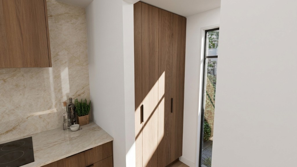 Pantry cabinetry render — tall walnut-toned cupboards beside the kitchen benchtop and splashback