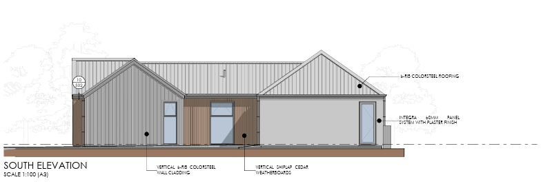 South elevation — gable forms with vertical colorsteel cladding and cedar weatherboards