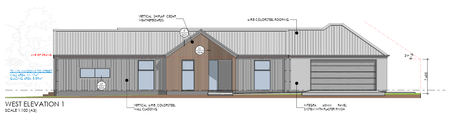 West elevation — vertical shiplap cedar weatherboards, b-rib colorsteel cladding, and Integra plaster panel garage