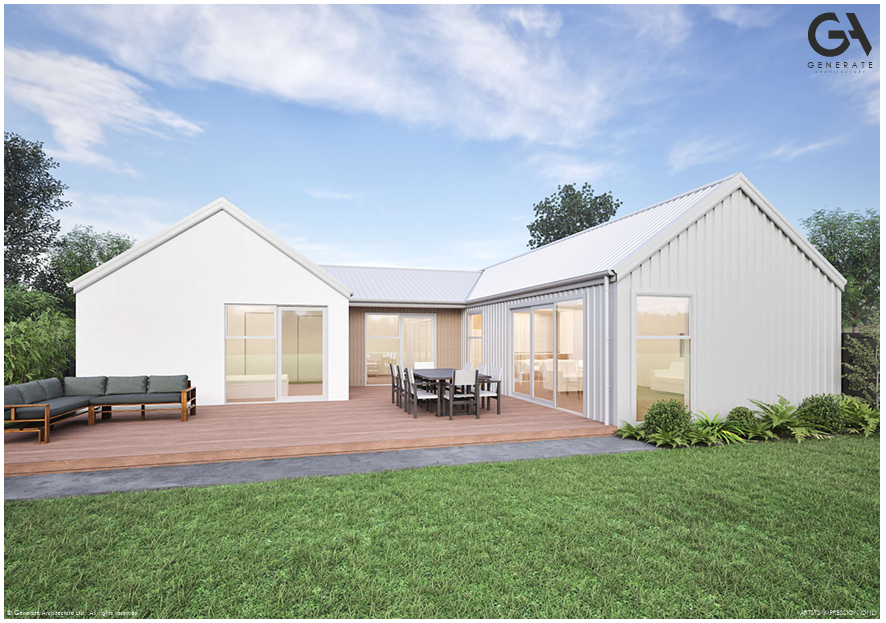 Rear deck render — covered north-facing deck with outdoor lounge and dining off the kitchen and living area