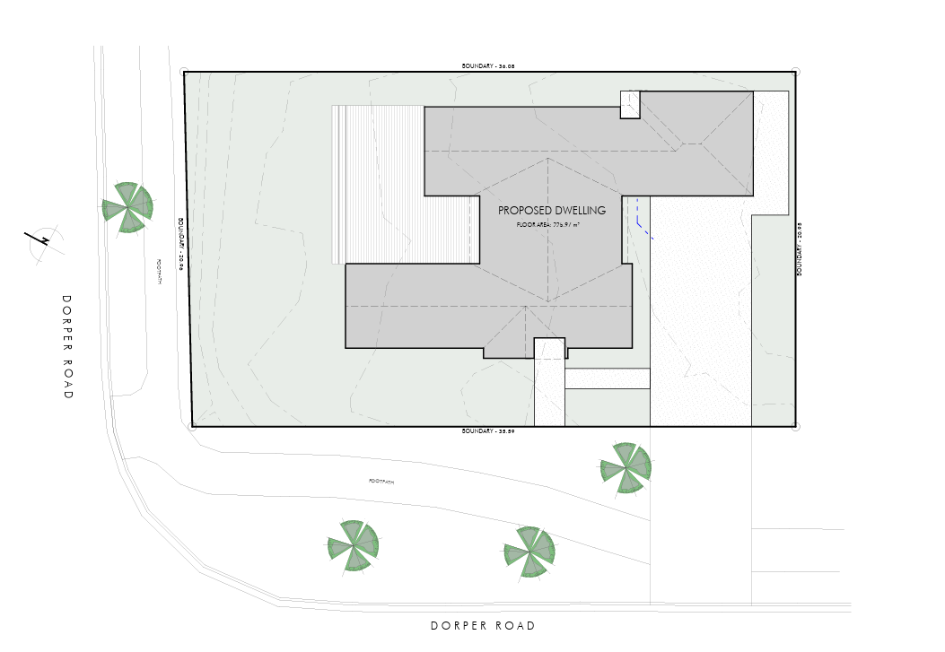 Site plan showing proposed dwelling on Dorper Road frontage with footpath and street trees