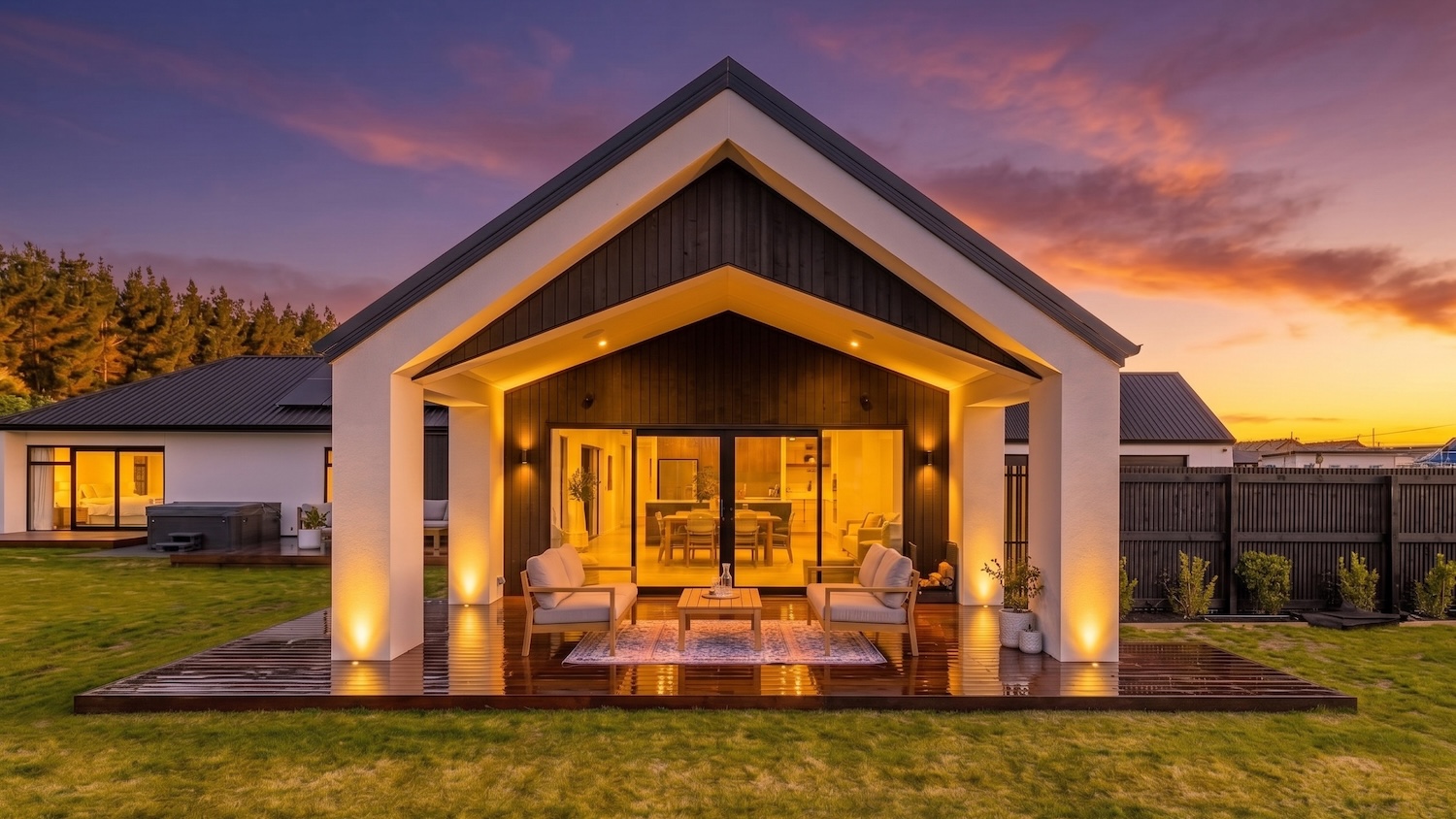 Panama Crescent — West Melton, single-level gable-form Burness Homes new build at twilight